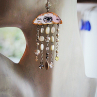 All Seeing Eye Asymmetrical Earrings w/Antique French Mother of Pearl Rosary Bead Fragments, Antique Art Deco Rock Crystal Drops, Bronze Tear Drops & More!