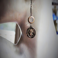 Antique Bezel and Prong Set Bronze Faceted Rock Crystals & French Engraved Nun's Medals Earrings - Free with Purchase of Necklace Set - See Details!