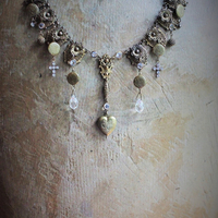 Antique Etruscan Findings & 7 Opening Lockets Necklace with Antique Faceted Rock Crystal Drops, Antique Faceted & Prong Set Rhinestone Crosses and More!