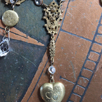 Antique Etruscan Findings & 7 Opening Lockets Necklace with Antique Faceted Rock Crystal Drops, Antique Faceted & Prong Set Rhinestone Crosses and More!