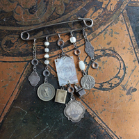 Jacket/Shawl Pin Closure w/Rare Antique Penin Poncet Archangel Michael Medal,Rare Antique Sterling Stanhope Chapel,Antique Engraved Mother of Pearl Finding & More!