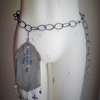 Antique Whiting & Davis Mesh Smart Phone/Essentials Hip Bag with French Crosses, Puffy Heart Drops,AntiqueTassel,Prong Set Faceted Crystals Connectors & Unique Antique Chain