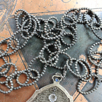 Antique Whiting & Davis Mesh Smart Phone/Essentials Hip Bag with French Crosses, Puffy Heart Drops,AntiqueTassel,Prong Set Faceted Crystals Connectors & Unique Antique Chain