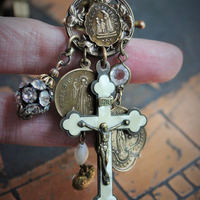 Antique Book Chain Wrap Bracelet with Antique French Medals,Antique French Rosary Crucifix,Antique Crystals & Vintage Puffy Heart