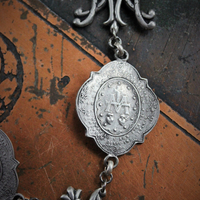 One Heart One Soul Necklace with RARE Engraved French Sterling Cross, Scrolled Initial AM Medals, Double Sacred Heart Marian Medals