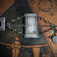 Rare Antique French Sacred Heart of Jesus Wicker Engraving Bracelet w/Antique Sterling Locket,Antique Monogrammed Medal,Antique Bezel Set Rock Crystal Chain Segments,Sterling Toggle Clasp