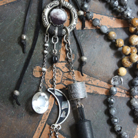 Determined to Rise Necklace with Hand Tied Polished & Faceted Agate Beads,Sterling Anne Choi Bead,Glass Set Moon & Jupiter Drop,Sterling Set Faceted Rock Crystal & More!