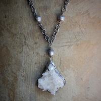 Vintage Taos Artisan Sterling Quartz Cluster Pendant Necklace with Sterling Beads, Chain & Clasp