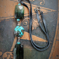 SOLD to J Joy & Happiness Necklace with Incredible Checkerboard Faceted Blue Green Tourmaline Gemstones,Polished Turquoise,Leather Tassel & Chain