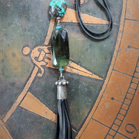 SOLD to J Joy & Happiness Necklace with Incredible Checkerboard Faceted Blue Green Tourmaline Gemstones,Polished Turquoise,Leather Tassel & Chain