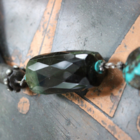 SOLD to J Joy & Happiness Necklace with Incredible Checkerboard Faceted Blue Green Tourmaline Gemstones,Polished Turquoise,Leather Tassel & Chain