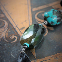 SOLD to J Joy & Happiness Necklace with Incredible Checkerboard Faceted Blue Green Tourmaline Gemstones,Polished Turquoise,Leather Tassel & Chain