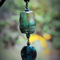 SOLD to J Joy & Happiness Necklace with Incredible Checkerboard Faceted Blue Green Tourmaline Gemstones,Polished Turquoise,Leather Tassel & Chain