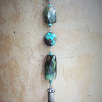 SOLD to J Joy & Happiness Necklace with Incredible Checkerboard Faceted Blue Green Tourmaline Gemstones,Polished Turquoise,Leather Tassel & Chain