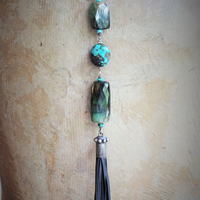 SOLD to J Joy & Happiness Necklace with Incredible Checkerboard Faceted Blue Green Tourmaline Gemstones,Polished Turquoise,Leather Tassel & Chain