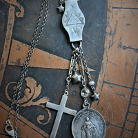 NEW! Amazing Antique Sterling Eye Of God Necklace with Antique Marian Medal,Antique Sterling Puffy Stars,Sterling Rolo Chain & More!