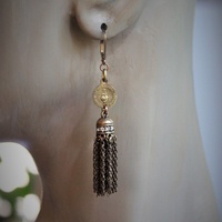 Antique Flaming Sacred Heart Earrings with Unique Rhinestone Chain Tassels & Gold Fill Earring Wires