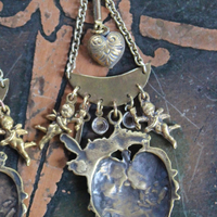 Cast Bronze Flaming Sacred Earrings with tiny Cherubs, Crystals, and Puffy Hearts