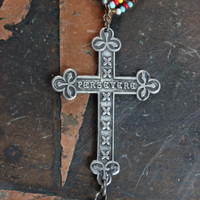 The Best Colors Necklace with Handstrung Multi Strand Seed Bead Chain,Perseverance Cross,Seed Bead Tassel,Antique Fleur de Lis Button