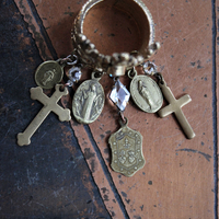Antique Gilt Crown Ring with Antique French Medals, Antique Crosses, Antique Faceted Rock Crystals - Size 9 