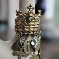 Antique Gilt Crown Ring with Antique French Medals, Antique Crosses, Antique Faceted Rock Crystals - Size 9 