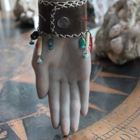 The Healing Cuff with Polished Chrysocolla Cabochon, Artisan Leather Cuff, Multiple Faceted Green Tourmaline Gemstones, Turquoise, Red Coral & More!