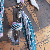 NEW! Braided Kantha Necklace w/Clear Rock Quartz Free Form Point, Unique Silver Connector, Carved Angel Wing & Kantha Tassel