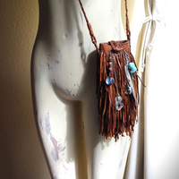 En Shalla Butter Soft Leather Cross Body Bag with Faceted Turquoise Drop,Glass Galaxy Orbs,Wire Wrapped Quartz & Feather