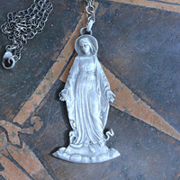 The Genesis of Love Necklace with Rare Virgin Mary and Serpent Pendant, Sterling Rolo Chain & Clasp