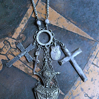 The Armor of God Necklace with Antique Sterling Filigree Sword & Sheath, Sterling Engraved Connector,Sterling Shield & Dagger
