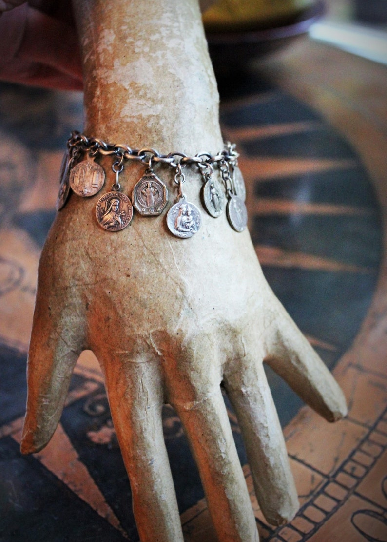Antique Sterling Sacred Medals Bracelet w/19 Antique French Medals,Solid Sterling Link Chain,Antique Chain Tassel,Sterling Toggle Clasp