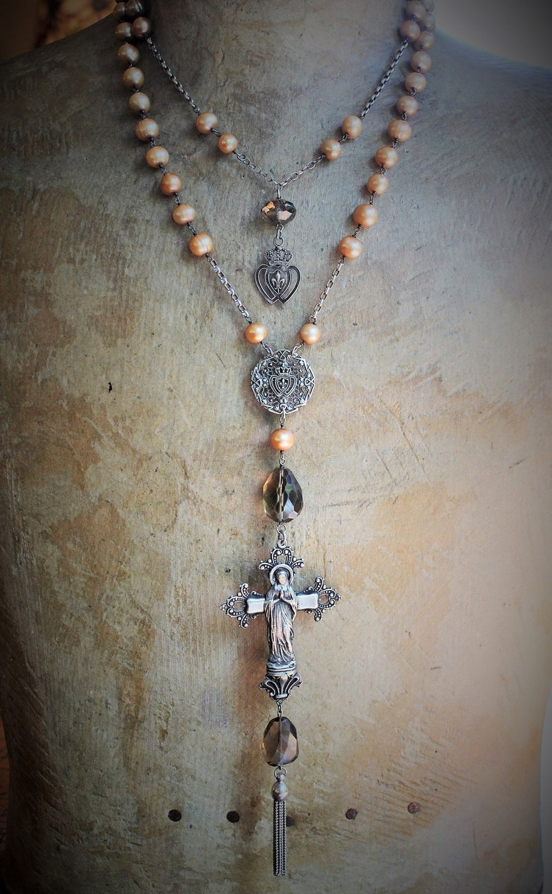 Love is the Soul's Life Necklace Set w/French Marian Cross,Sterling Fleur de Lis Finding,Crowned Hearts,Faceted Smoky Topaz