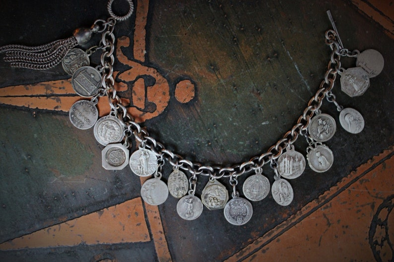 Antique Sterling Sacred Medals Bracelet w/19 Antique French Medals,Solid Sterling Link Chain,Antique Chain Tassel,Sterling Toggle Clasp