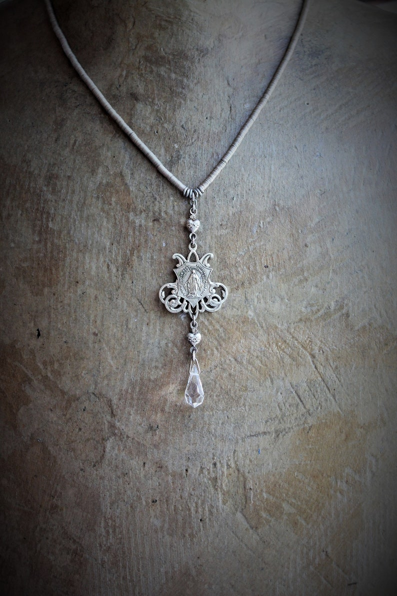 Antique French Marian Necklace w/RARE Tiny Antique 1800's French Metal Sequin Chain,Sacred Heart Connectors,Antique Crystal Tear Drop