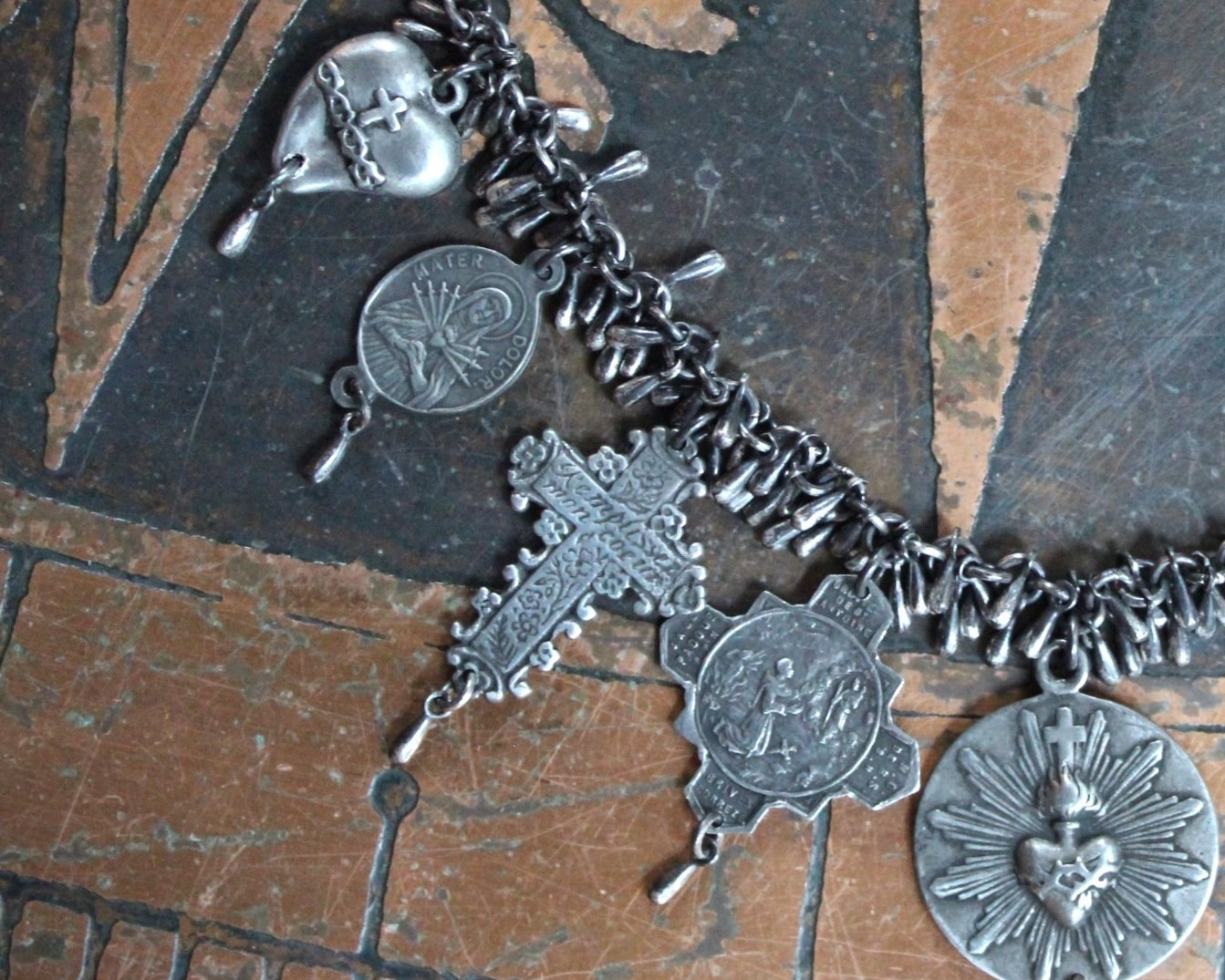 NEW! Sterling Charm Bracelet with 9 Unique French Medals and Crosses, Dozens of Sterling Tear Drops and Sterling Clasp