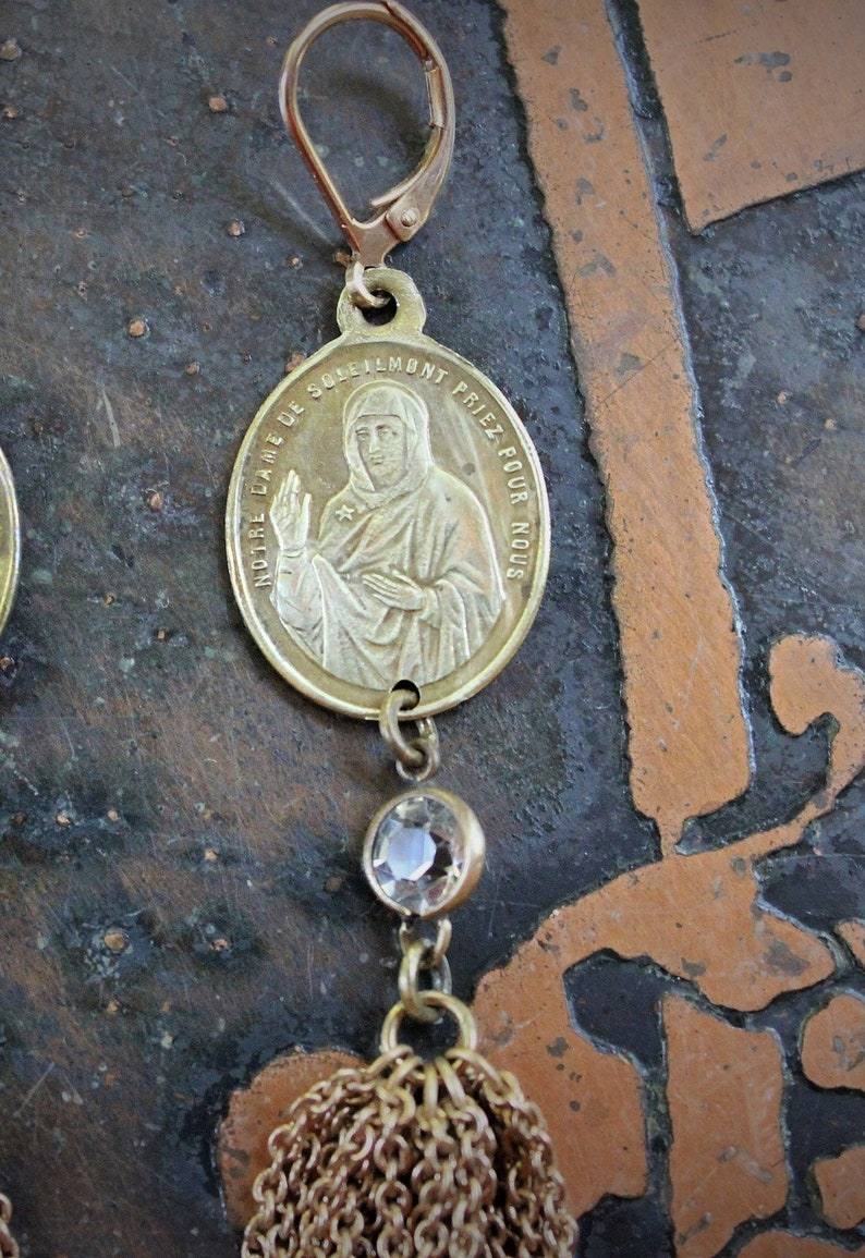 Rare Antique Our Lady of the Mountain of the Sun Medal Earrings w/Antique Notre Dame de Soleilmont Matching Medals,Antique Tassels+More