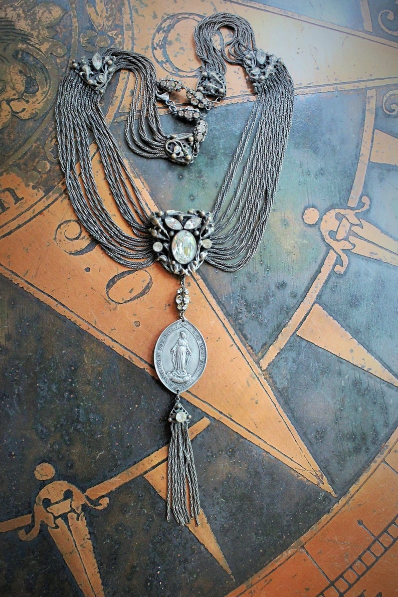 Antique Art Deco Necklace w/French Marian Medal,Draping Foxtail Chain & Tassel,Antique French Faceted Rhinestone Connectors