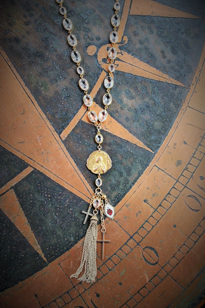Still Standing Necklace w/RARE Antique French Jeanne D'Arc Broche Medal,Antique Gilt Faceted Crystal Chain,Antique Victorian Cross+More!
