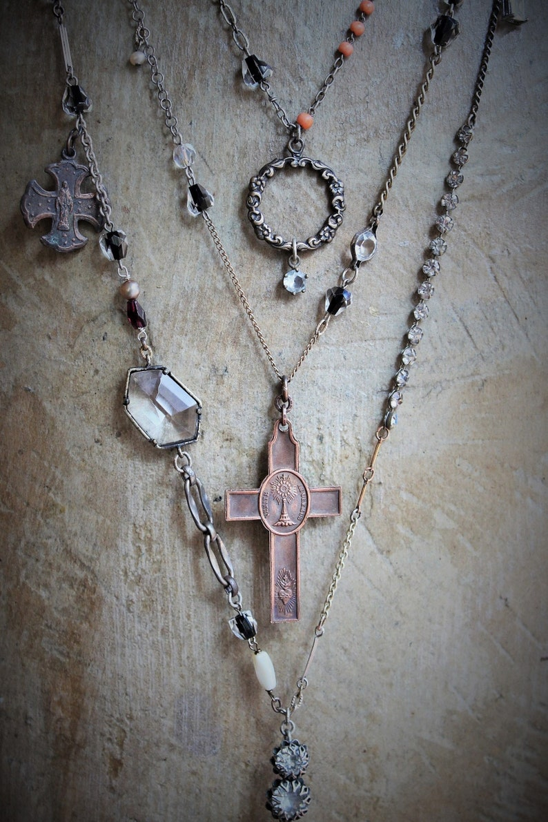 Unique Necklace Set w/Rare Antique French Lamb of God Bronze Medal+Venite Adoremus Sacred Heart Cross,Antique/Vintage Chains+Crystals++