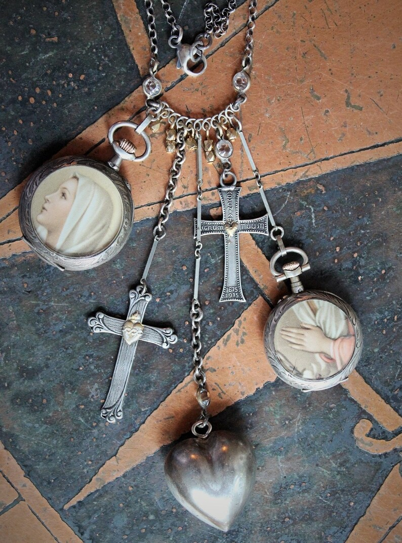 To Pray Necklace w/Antique French Sterling Pocket Watch Lockets,Sacred Heart and Thy Kingdom Come Cross,Antique Sterling Chiming Heart