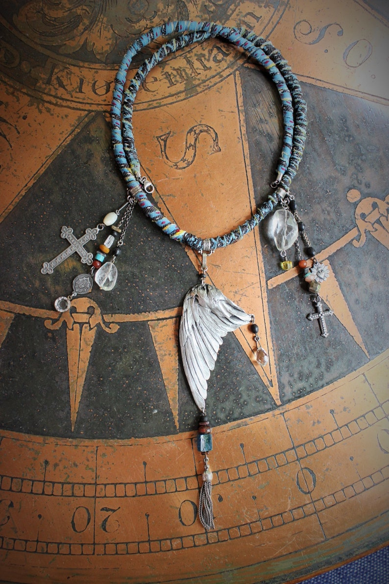 Find Your Way Home Necklace w/Antique Kantha Textile,Silver Bird Wing,Persevere Cross,Faceted Rock Quartz Nuggets,Sacred Heart Medal++