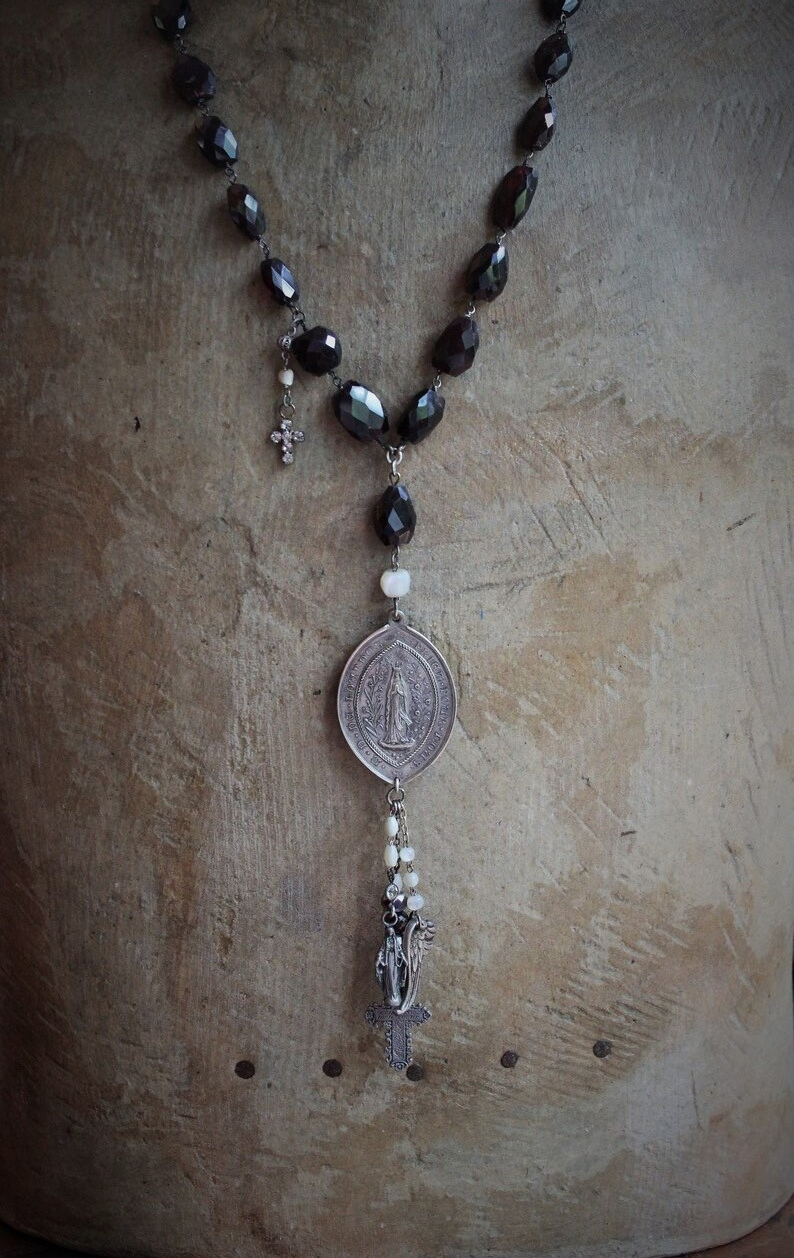 Rare Faceted Almandine Garnet Necklace with Exceptional Antique Marian Medal, Antique Sterling Angel Wing, French Engraved "Fill my Heart with your Love" Cross & More!