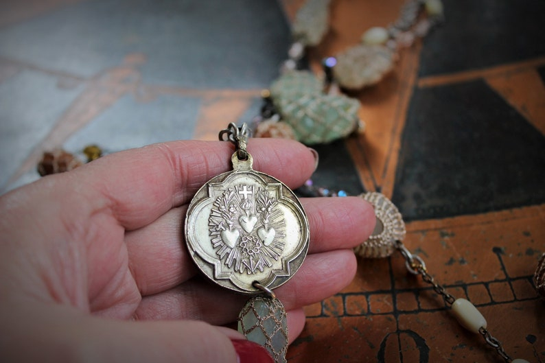 Bohemian Necklace Set w/Antique Metallic Thread Crocheted Stones,Antique Flaming Sacred Heart Medal,Antique French Rosary Chains,Drops+