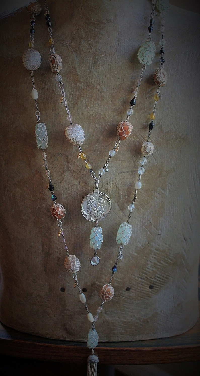 Bohemian Necklace Set w/Antique Metallic Thread Crocheted Stones,Antique Flaming Sacred Heart Medal,Antique French Rosary Chains,Drops+