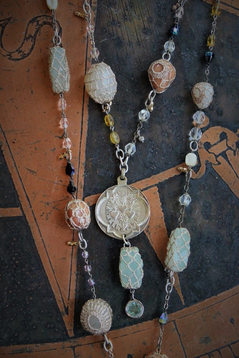 Bohemian Necklace Set w/Antique Metallic Thread Crocheted Stones,Antique Flaming Sacred Heart Medal,Antique French Rosary Chains,Drops+