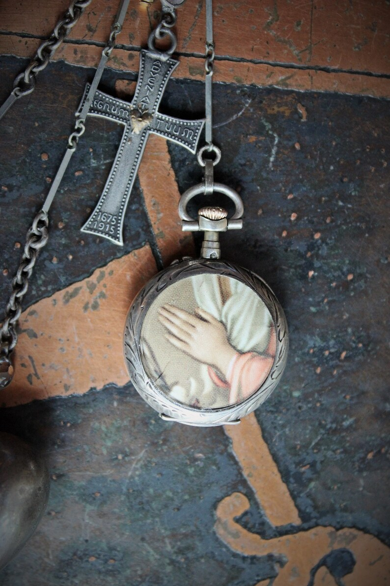 To Pray Necklace w/Antique French Sterling Pocket Watch Lockets,Sacred Heart and Thy Kingdom Come Cross,Antique Sterling Chiming Heart