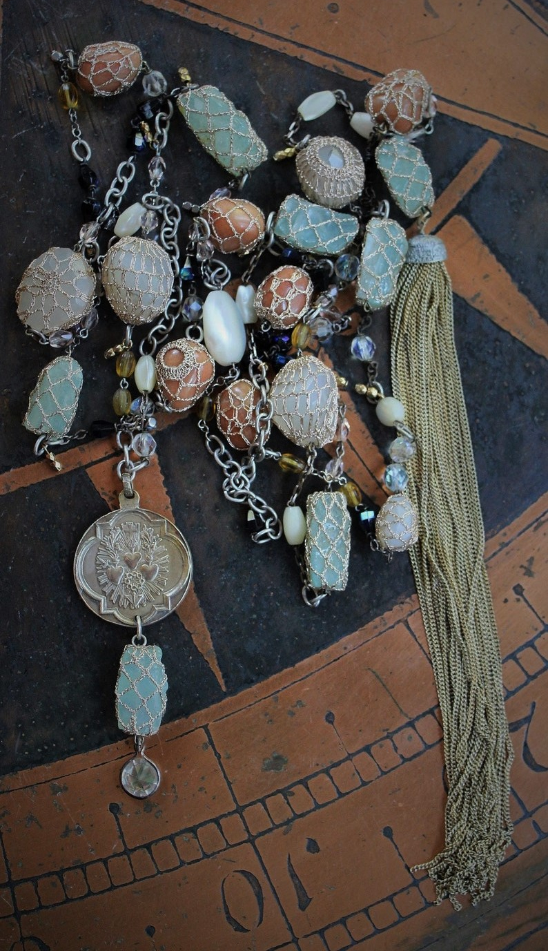 Bohemian Necklace Set w/Antique Metallic Thread Crocheted Stones,Antique Flaming Sacred Heart Medal,Antique French Rosary Chains,Drops+