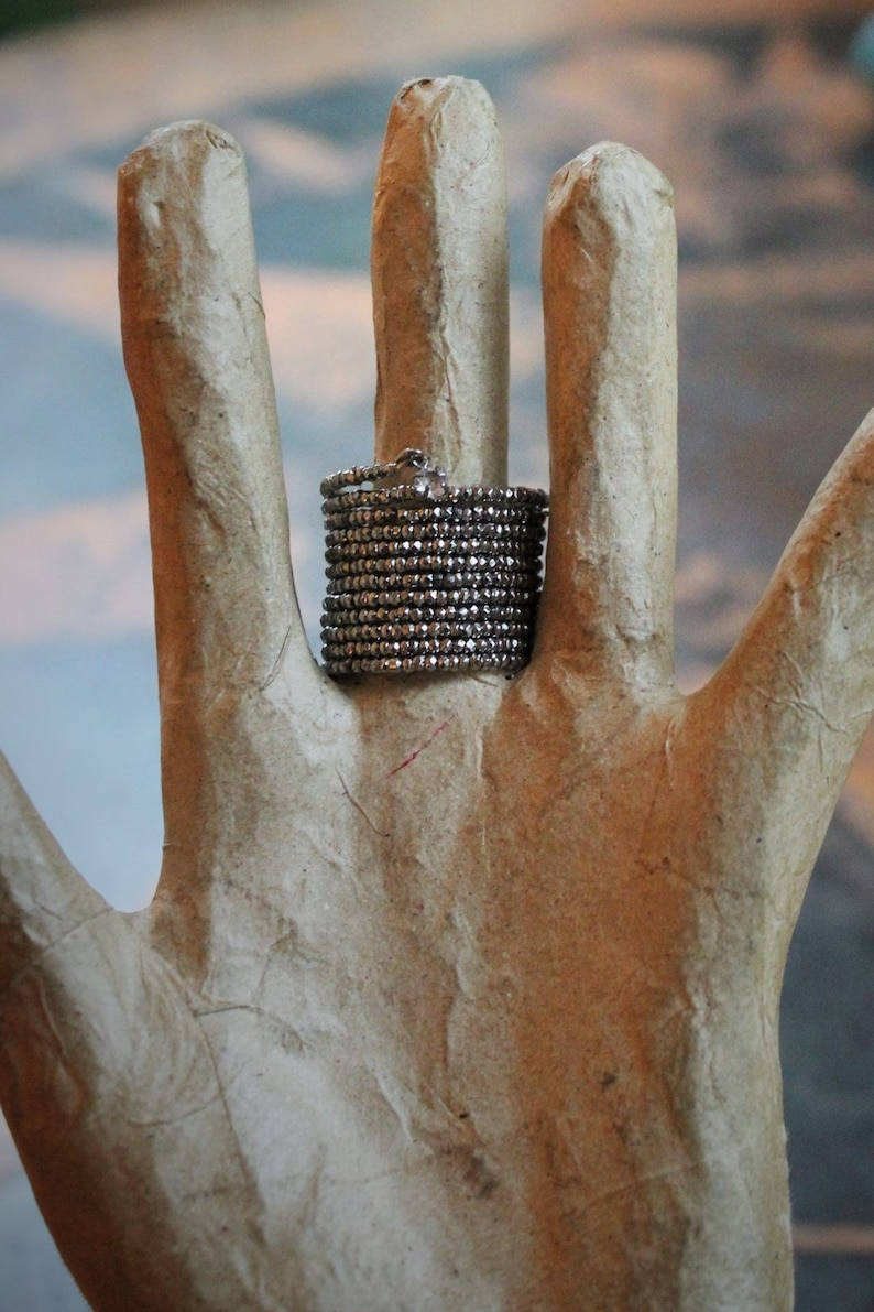 Antique Faceted Cut Steel Bead 12 Coil Ring w/Antique French Medals,Sterling Capped Crystal Point,Antique Faceted Crystal Drops