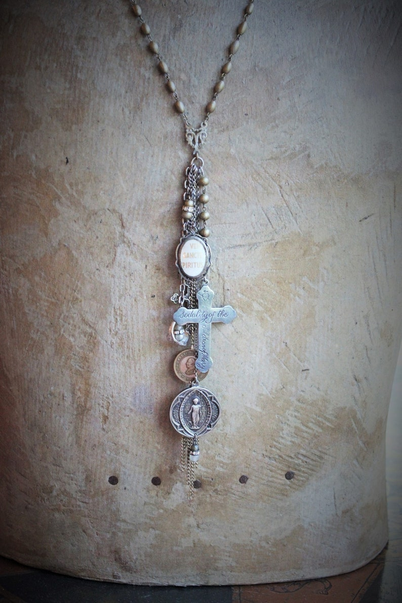 The Guardian Necklace w/Antique French Sterling Child Jesus Medal,1878 Virgin Medal,Rare Engraved Sodality Cross,Antique Child's Ring++