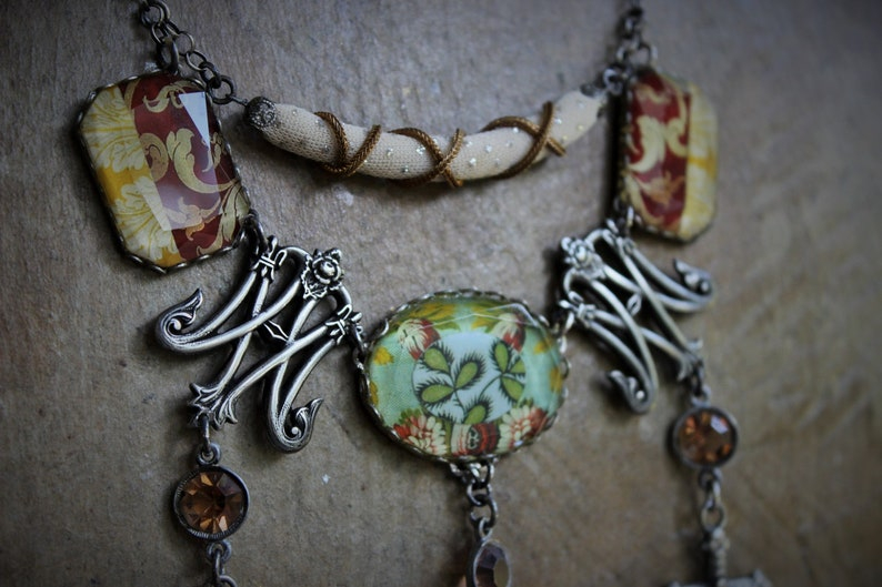 Ave Maria Necklace w/French Caron Freres Scrolled Initials AM Medals,Beveled Glass Connectors,French Crosses,Unique Fabric Finding